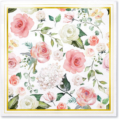 WRAPAHOLIC 50Pcs Gold Foil Floral Napkins - 3 Ply Disposable Paper Luncheon Napkin for Wedding Birthday Bridal Tableware Party Supplies - 6.5 x 6.5 In