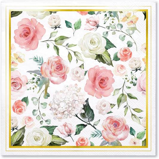 WRAPAHOLIC 50Pcs Gold Foil Floral Napkins - 3 Ply Disposable Paper Luncheon Napkin for Wedding Birthday Bridal Tableware Party Supplies - 6.5 x 6.5 In