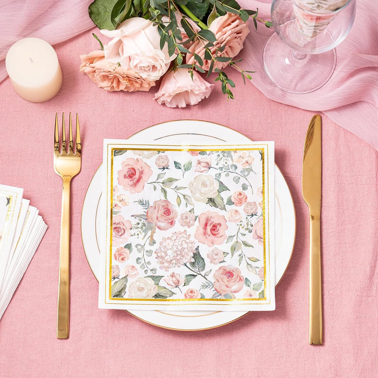 WRAPAHOLIC 50Pcs Gold Foil Floral Napkins - 3 Ply Disposable Paper Luncheon Napkin for Wedding Birthday Bridal Tableware Party Supplies - 6.5 x 6.5 In