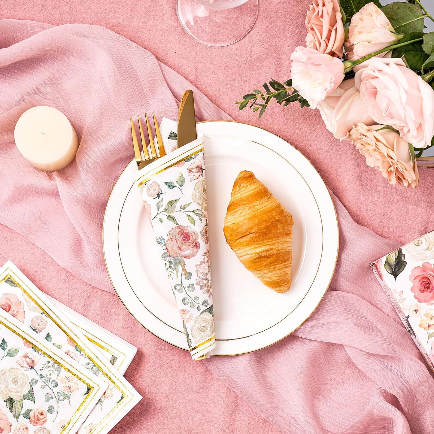 WRAPAHOLIC 50Pcs Gold Foil Floral Napkins - 3 Ply Disposable Paper Luncheon Napkin for Wedding Birthday Bridal Tableware Party Supplies - 6.5 x 6.5 In