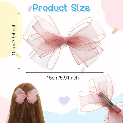 2 Pcs Pink Bow Hair Clips 5.91 Inch Handmade Mesh Tulle Hair Accessories for Girls Women Kids Birthday Party Holiday Gift