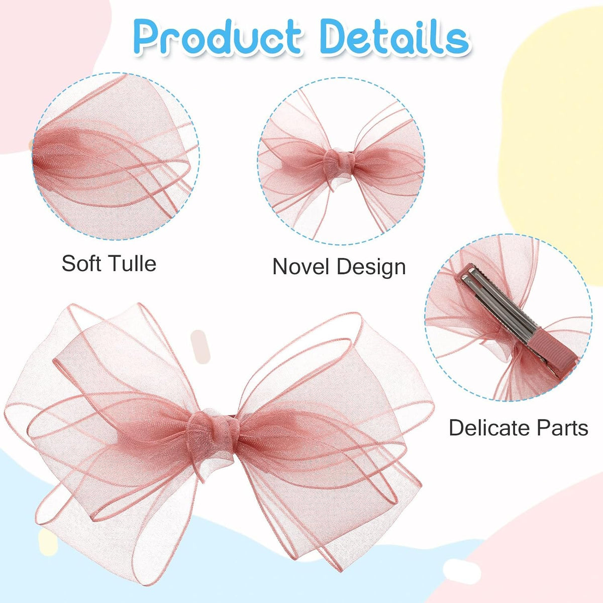 2 Pcs Pink Bow Hair Clips 5.91 Inch Handmade Mesh Tulle Hair Accessories for Girls Women Kids Birthday Party Holiday Gift