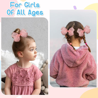 2 Pcs Pink Bow Hair Clips 5.91 Inch Handmade Mesh Tulle Hair Accessories for Girls Women Kids Birthday Party Holiday Gift