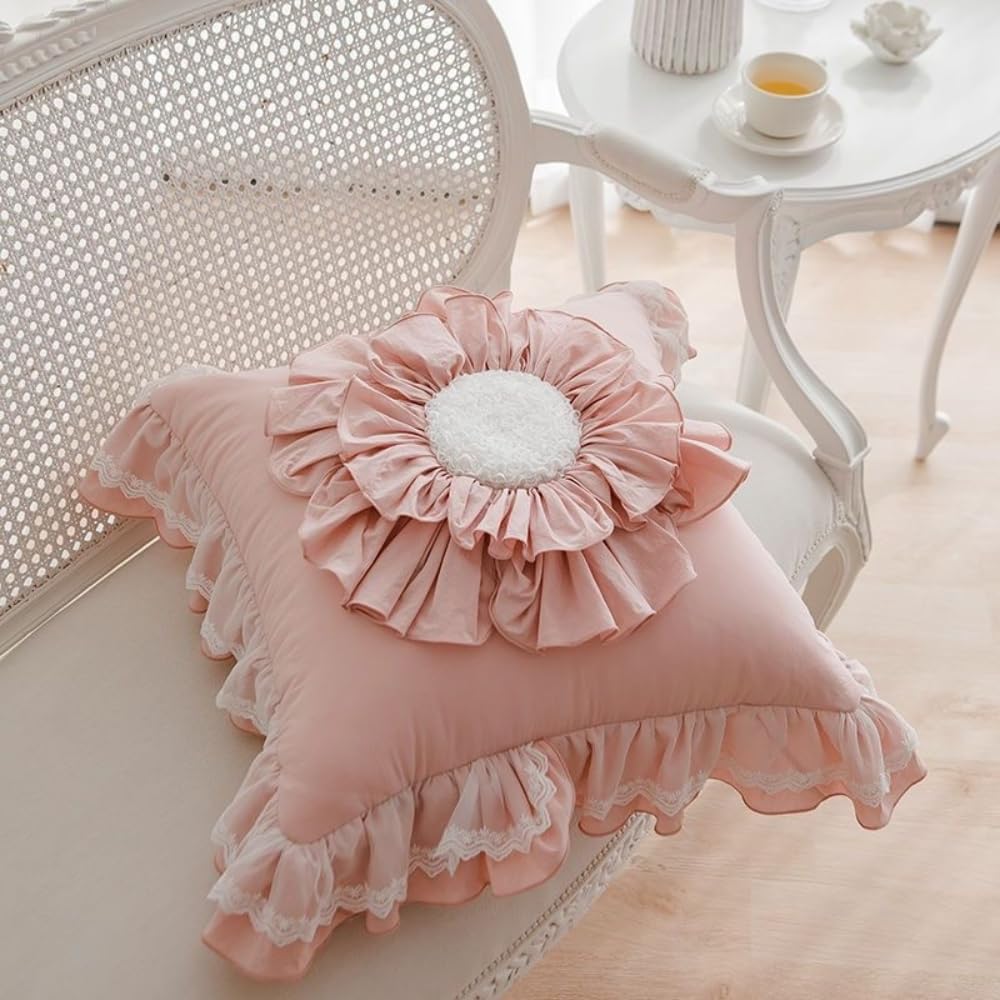 Decorative Throw Pillow Cover, Ruffled Floral Design with Lace Trim, Square (Pink,18" x 18" (Pack of 2))