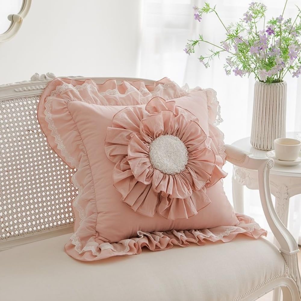 Decorative Throw Pillow Cover, Ruffled Floral Design with Lace Trim, Square (Pink,18" x 18" (Pack of 2))