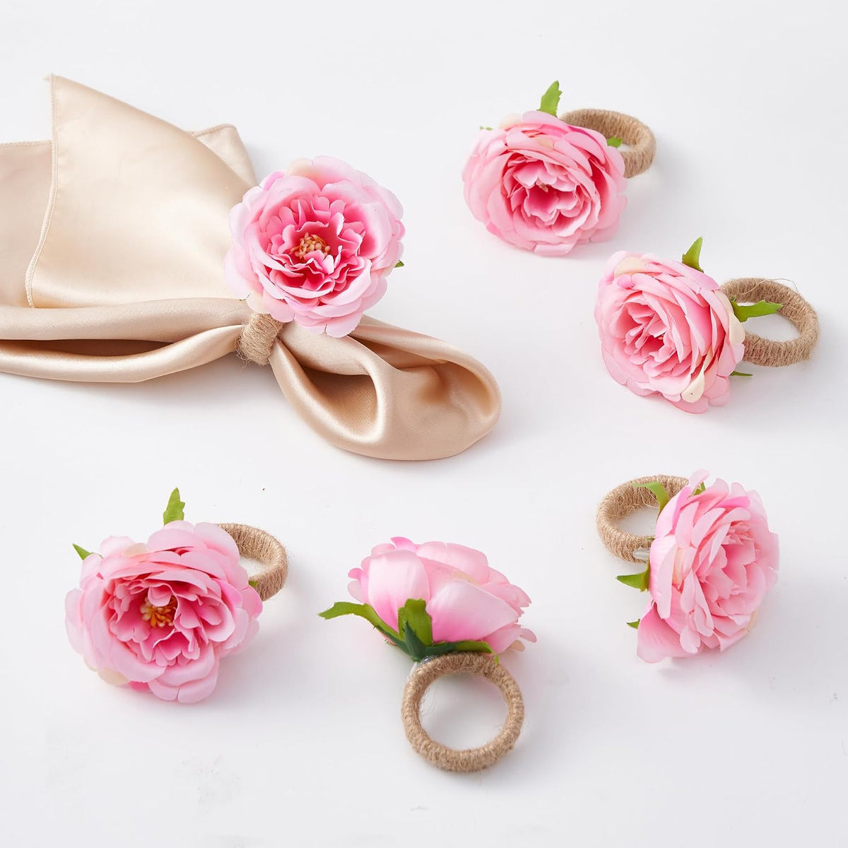 Spring Flower Napkin Rings Set of 6 - Pink Floral Napkin Holder, Easter Napkin Rings for Wedding Birthday Party Banquet Spring Table Decor