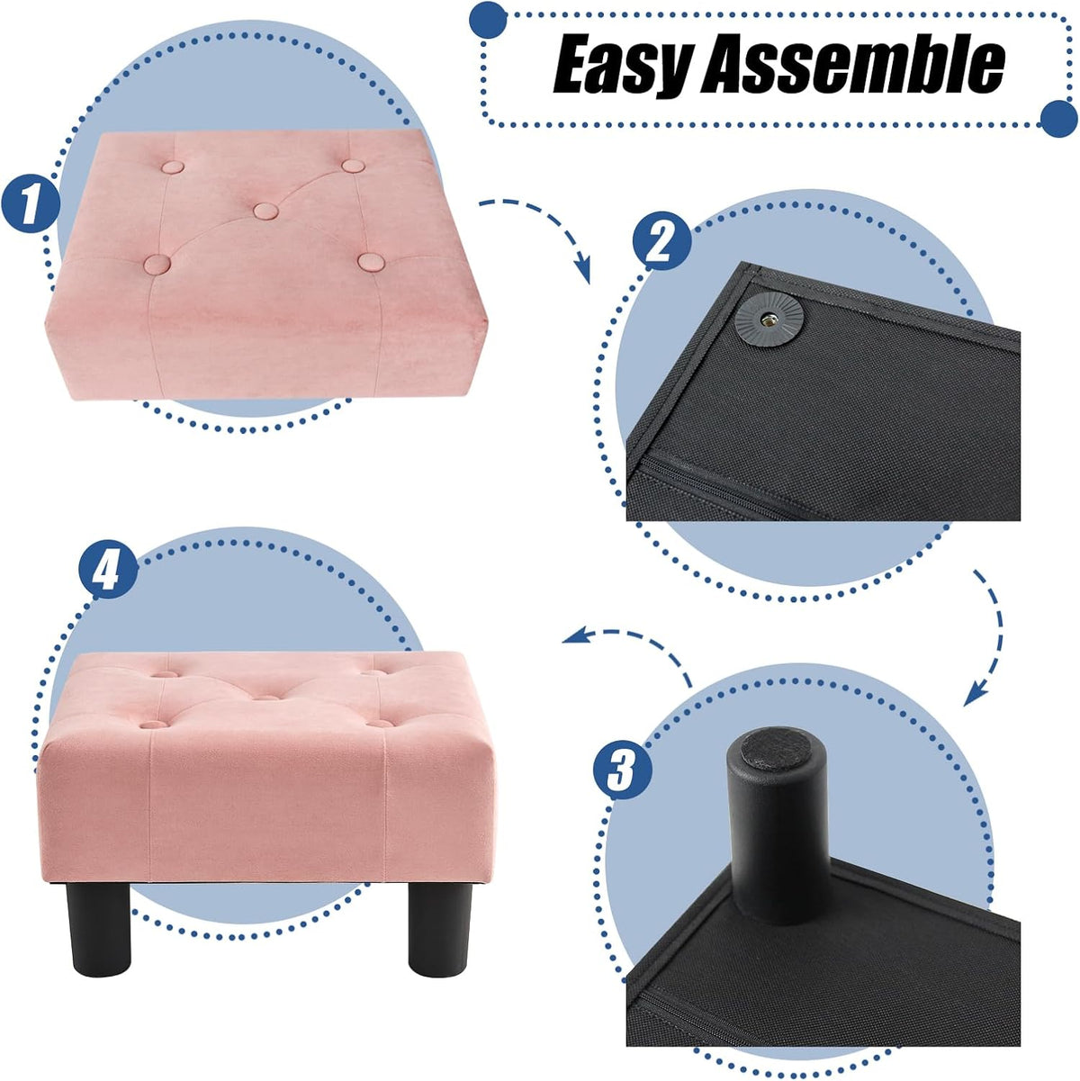 Small Foot Stool, Velvet Foot Stools with Legs, Stable Small Footstool for Living Room, Pink