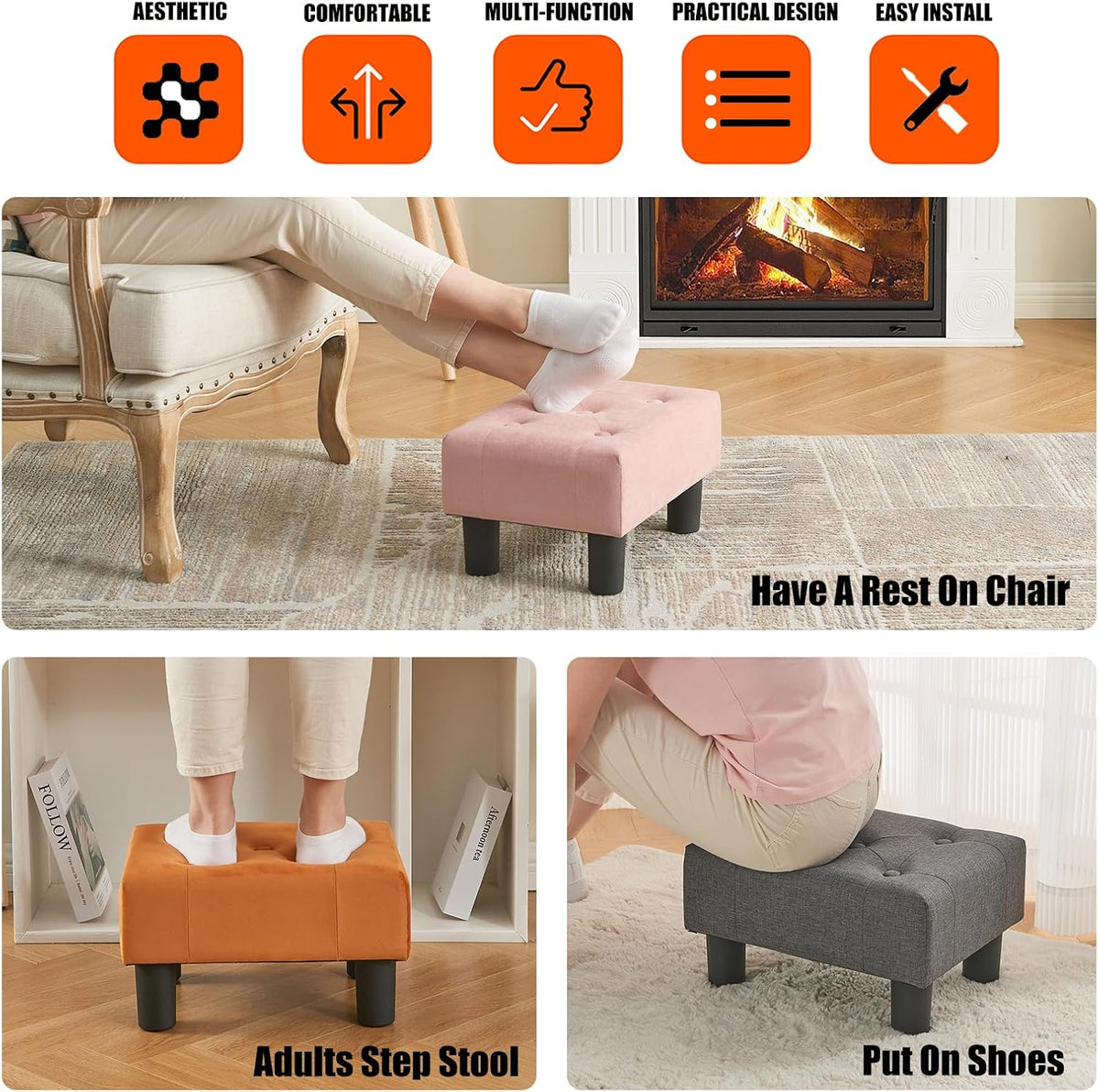 Small Foot Stool, Velvet Foot Stools with Legs, Stable Small Footstool for Living Room, Pink
