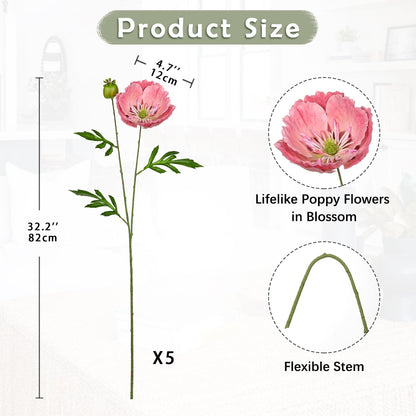 5Pcs Pink Poppy Flowers Artificial Bouquet 32.2" Silk Fake Poppy Flowers Arrangement Real Touch Faux Poppies Flower Long Stem for DIY Wedding Party Table Centerpiece Table Home Decor