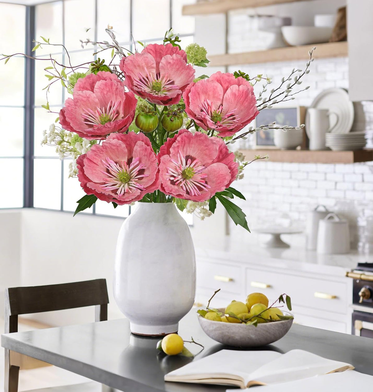 5Pcs Pink Poppy Flowers Artificial Bouquet 32.2" Silk Fake Poppy Flowers Arrangement Real Touch Faux Poppies Flower Long Stem for DIY Wedding Party Table Centerpiece Table Home Decor