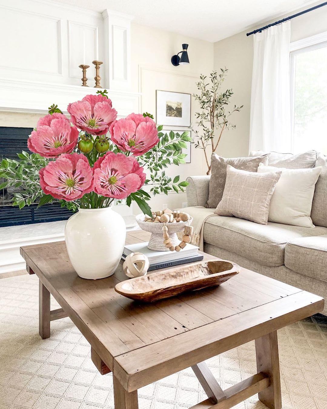 5Pcs Pink Poppy Flowers Artificial Bouquet 32.2" Silk Fake Poppy Flowers Arrangement Real Touch Faux Poppies Flower Long Stem for DIY Wedding Party Table Centerpiece Table Home Decor