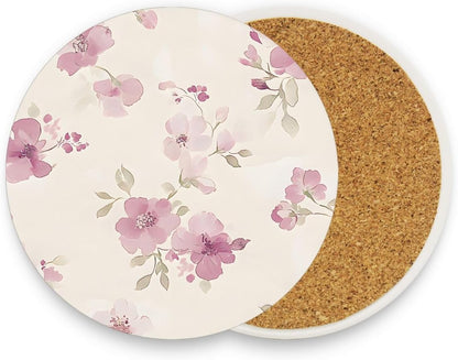 Light Pink Flower Pattern Drink Coaster with Cork Base, Round Moisture Absorbent Coasters Set Tabletop Protection Prevent Furniture Damage