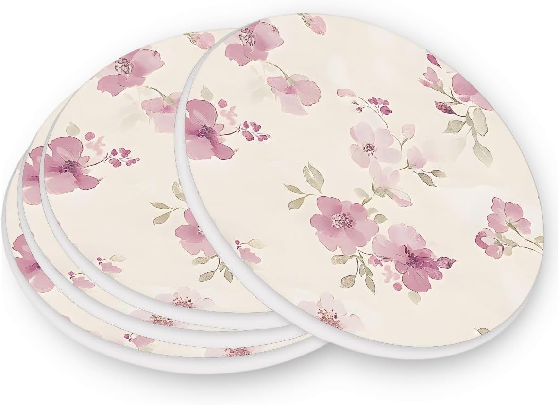 Light Pink Flower Pattern Drink Coaster with Cork Base, Round Moisture Absorbent Coasters Set Tabletop Protection Prevent Furniture Damage