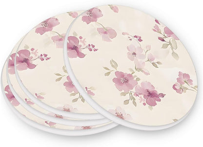 Light Pink Flower Pattern Drink Coaster with Cork Base, Round Moisture Absorbent Coasters Set Tabletop Protection Prevent Furniture Damage