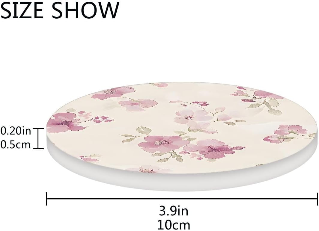 Light Pink Flower Pattern Drink Coaster with Cork Base, Round Moisture Absorbent Coasters Set Tabletop Protection Prevent Furniture Damage