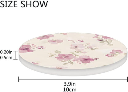 Light Pink Flower Pattern Drink Coaster with Cork Base, Round Moisture Absorbent Coasters Set Tabletop Protection Prevent Furniture Damage