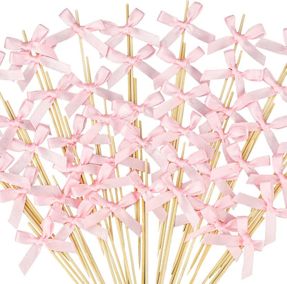 100 PCS Pink Bow Cocktail Picks 4.72" Bow Bamboo Fancy Toothpicks Natural Bamboo Cocktail Picks Coquette Bowknot Swizzle Stick for Bridal Shower Wedding Favors Coquette Birthday Girl Party Decor