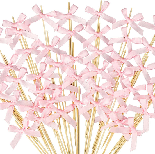 100 PCS Pink Bow Cocktail Picks 4.72" Bow Bamboo Fancy Toothpicks Natural Bamboo Cocktail Picks Coquette Bowknot Swizzle Stick for Bridal Shower Wedding Favors Coquette Birthday Girl Party Decor