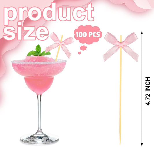 100 PCS Pink Bow Cocktail Picks 4.72" Bow Bamboo Fancy Toothpicks Natural Bamboo Cocktail Picks Coquette Bowknot Swizzle Stick for Bridal Shower Wedding Favors Coquette Birthday Girl Party Decor