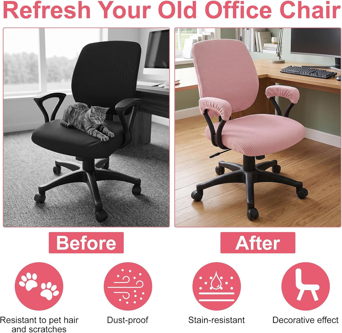 4Pcs Office Chair Covers Set Stretchable Computer Chair Covers Universal Protective Desk Armrest Slipcovers for Office Backrest Seat (Pink)