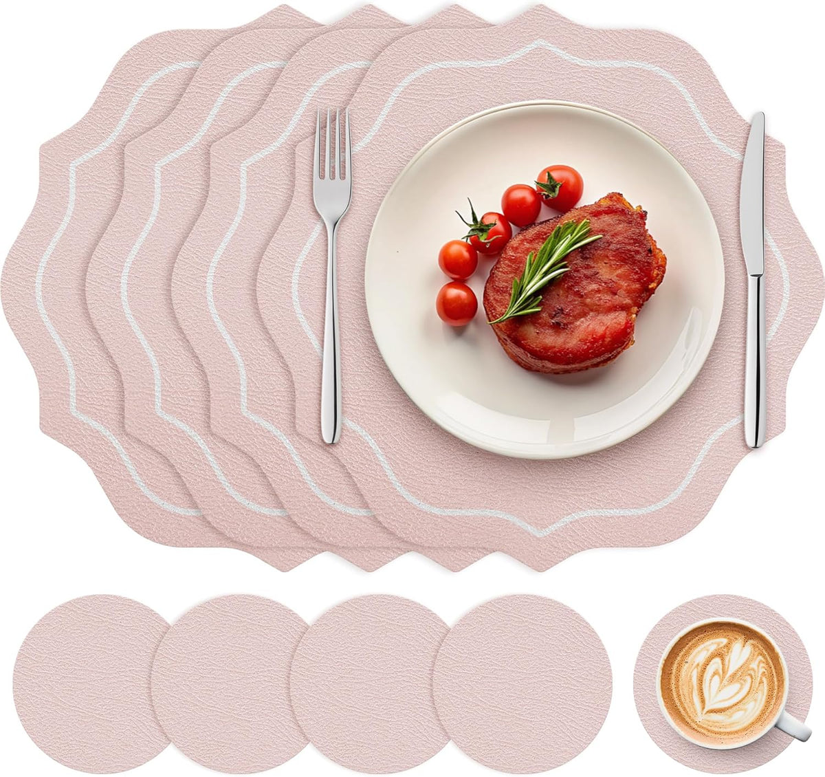 Set of 4 Spring Round Vinyl Placemats with Coasters 12" Scalloped Pink Faux Leather Placemats Waterproof Placemat Wipeable Heat Resistant for 7-10" Plates for Wedding Party Dining Table Decor