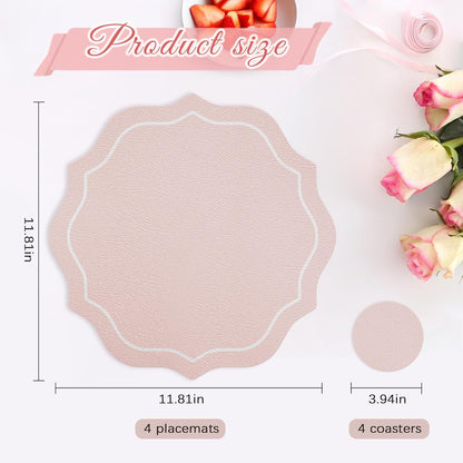 Set of 4 Spring Round Vinyl Placemats with Coasters 12" Scalloped Pink Faux Leather Placemats Waterproof Placemat Wipeable Heat Resistant for 7-10" Plates for Wedding Party Dining Table Decor