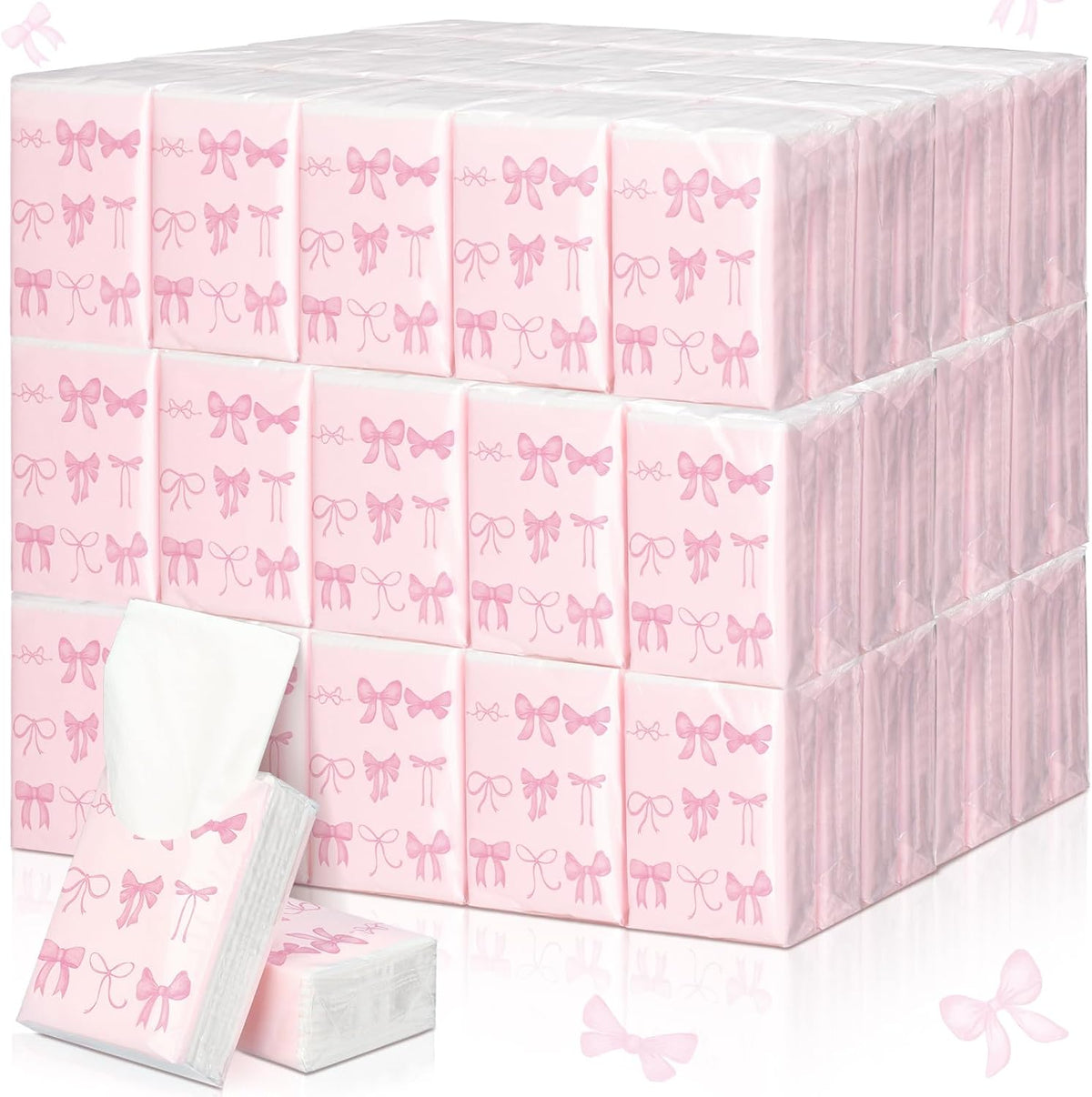 50 Pack Pink Bow Pocket Tissues Travel Packs Bulk Wedding Favor