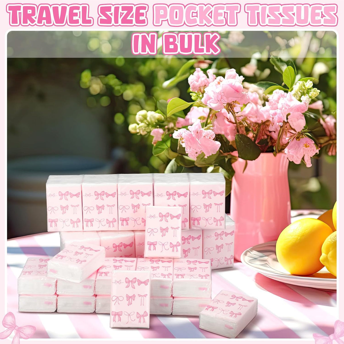 50 Pack Pink Bow Pocket Tissues Travel Packs Bulk Wedding Favor