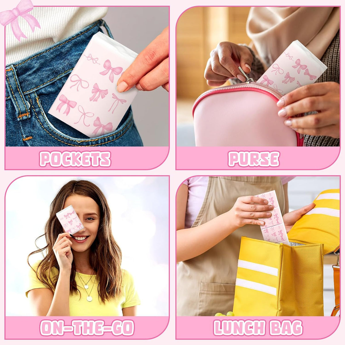 50 Pack Pink Bow Pocket Tissues Travel Packs Bulk Wedding Favor