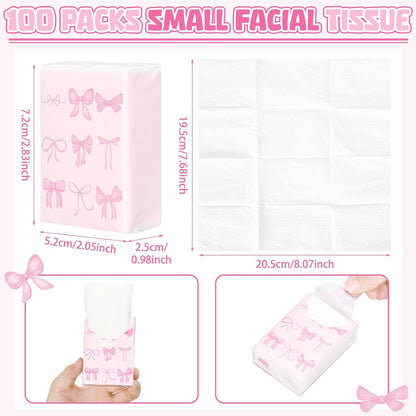 50 Pack Pink Bow Pocket Tissues Travel Packs Bulk Wedding Favor