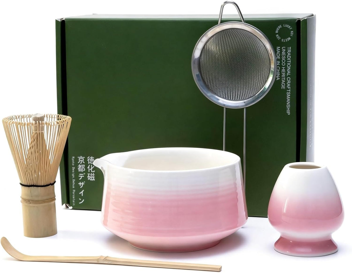 Matcha Whisk Set, 5Pcs Matcha Kit with Gradient Design, Ceramic Bowl with Spout, Bamboo Whisk with Ceramic Holder, Bamboo Scoop and Stainless Sifter, Matcha Gift Set for Matcha Lovers, Pink