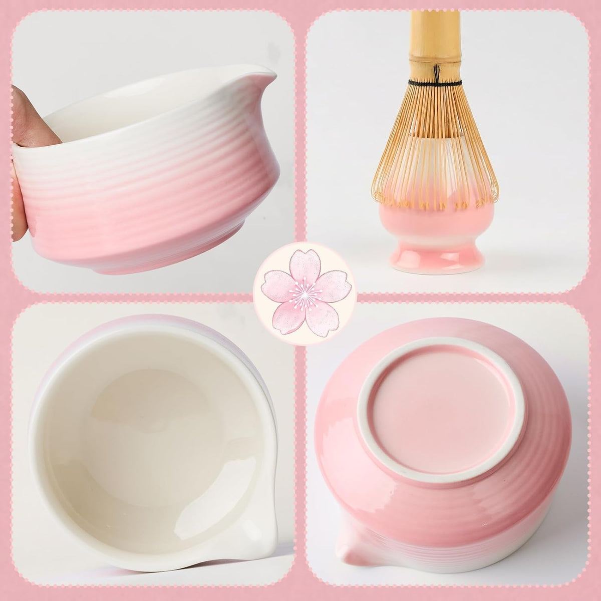 Matcha Whisk Set, 5Pcs Matcha Kit with Gradient Design, Ceramic Bowl with Spout, Bamboo Whisk with Ceramic Holder, Bamboo Scoop and Stainless Sifter, Matcha Gift Set for Matcha Lovers, Pink