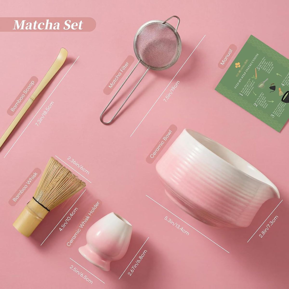 Matcha Whisk Set, 5Pcs Matcha Kit with Gradient Design, Ceramic Bowl with Spout, Bamboo Whisk with Ceramic Holder, Bamboo Scoop and Stainless Sifter, Matcha Gift Set for Matcha Lovers, Pink