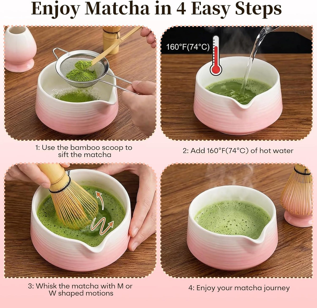 Matcha Whisk Set, 5Pcs Matcha Kit with Gradient Design, Ceramic Bowl with Spout, Bamboo Whisk with Ceramic Holder, Bamboo Scoop and Stainless Sifter, Matcha Gift Set for Matcha Lovers, Pink