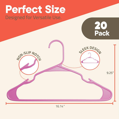 Pink Plastic Hangers 20 Pack– Heavy-Duty Plastic Hangers Slim and Space-Saving, Durable and Lightweight PP with Non-Slip Shoulder Notches for Slip Dresses, Suits, Jackets & Camisoles