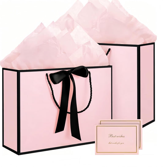 2PCS Gift Bags11x7.9x3.9 Inch, Paper Gift Bag with 4 Wrappers and 2 Cards,Present Bag with Handles,Pink Paper Bags for Women Valentines Bridesmaid Birthday Wedding Party (Pink-Black)