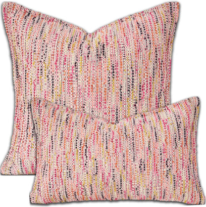 Premium Series Fringe Boho Throw Pillow Cover, Linen Woven Luxury Thick Cushion Case with Tassels for Home Décor, Pink, 18x18 Inch