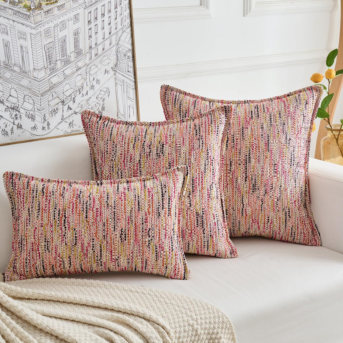 Premium Series Fringe Boho Throw Pillow Cover, Linen Woven Luxury Thick Cushion Case with Tassels for Home Décor, Pink, 18x18 Inch