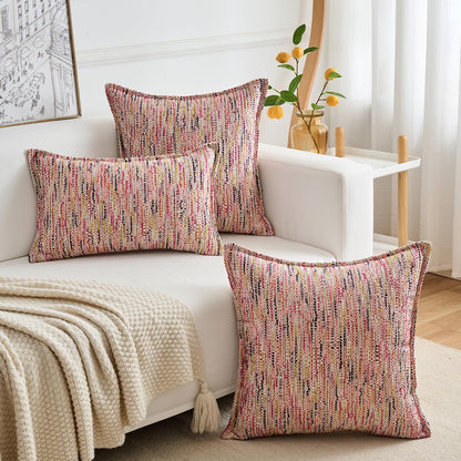 Premium Series Fringe Boho Throw Pillow Cover, Linen Woven Luxury Thick Cushion Case with Tassels for Home Décor, Pink, 18x18 Inch