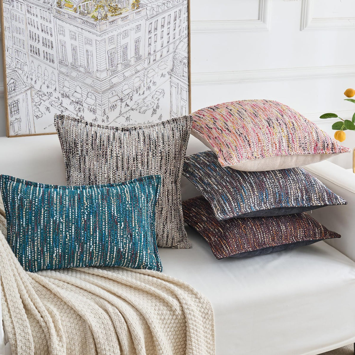 Premium Series Fringe Boho Throw Pillow Cover, Linen Woven Luxury Thick Cushion Case with Tassels for Home Décor, Pink, 18x18 Inch