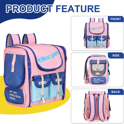 Pet Backpack Carrier, Portable and Ventilated, Oxford Cloth, Dogs Cats and Small Animals Travel Bag 13.39" Up to 16.5 Lbs, (Pink, Blue), Intended for Hiking/Camping/Traveling