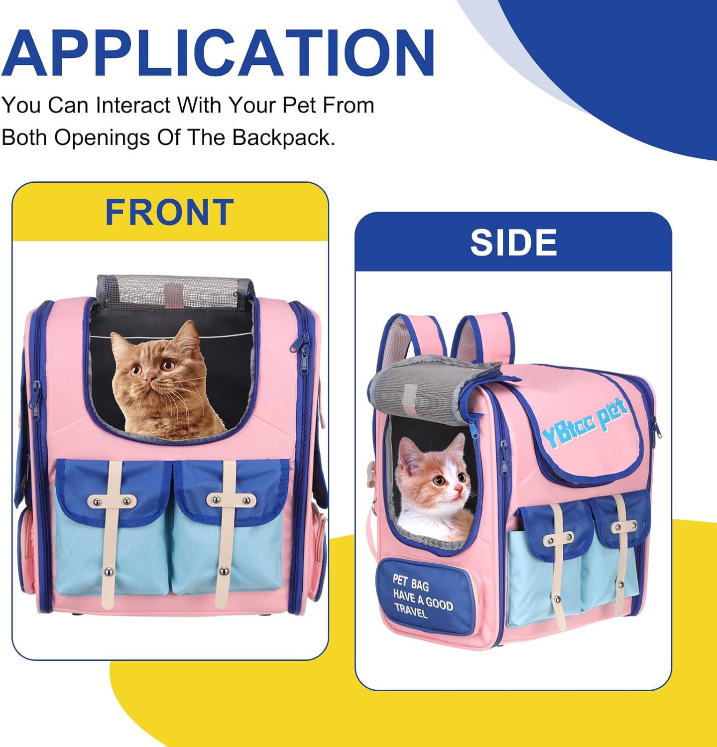 Pet Backpack Carrier, Portable and Ventilated, Oxford Cloth, Dogs Cats and Small Animals Travel Bag 13.39" Up to 16.5 Lbs, (Pink, Blue), Intended for Hiking/Camping/Traveling