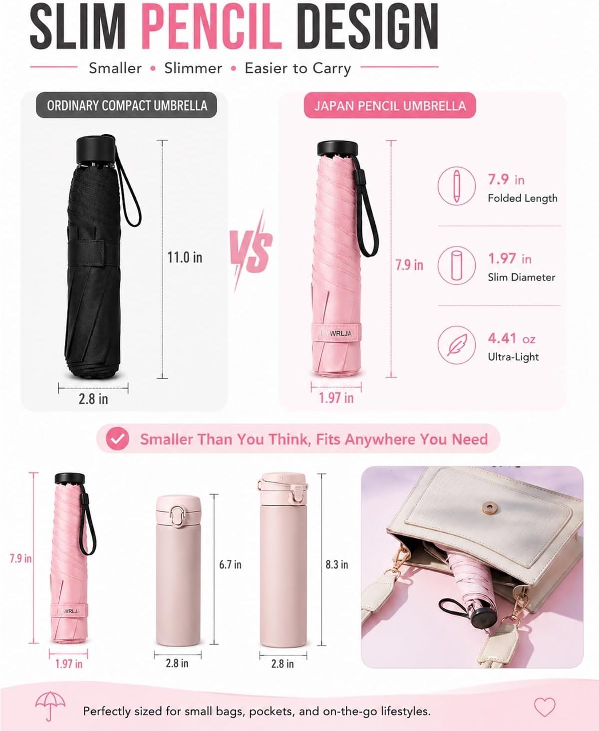 Japan Pencil Umbrella, Ultra Lightweight Compact All-Weather Umbrella Japanese Mini Tiny Travel Sports Outdoor with Upf 50+ Sun Protection Compact Folding Pocket Parasol for Handbag