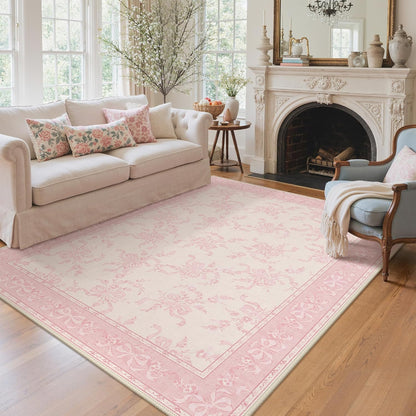 5X7 Washable Area Rugs, Floral Non Slip for Living Room | Soft Low Pile Farmhouse Flower Rug for Bedroom, Botanical Rug for High Traffic Areas, Pet-Friendly, Dusty Pink