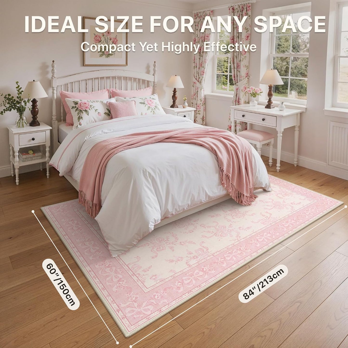 5X7 Washable Area Rugs, Floral Non Slip for Living Room | Soft Low Pile Farmhouse Flower Rug for Bedroom, Botanical Rug for High Traffic Areas, Pet-Friendly, Dusty Pink