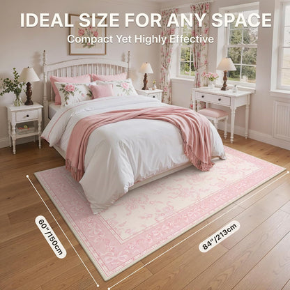 5X7 Washable Area Rugs, Floral Non Slip for Living Room | Soft Low Pile Farmhouse Flower Rug for Bedroom, Botanical Rug for High Traffic Areas, Pet-Friendly, Dusty Pink