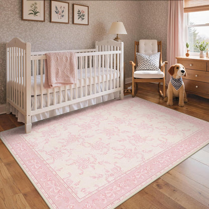 5X7 Washable Area Rugs, Floral Non Slip for Living Room | Soft Low Pile Farmhouse Flower Rug for Bedroom, Botanical Rug for High Traffic Areas, Pet-Friendly, Dusty Pink