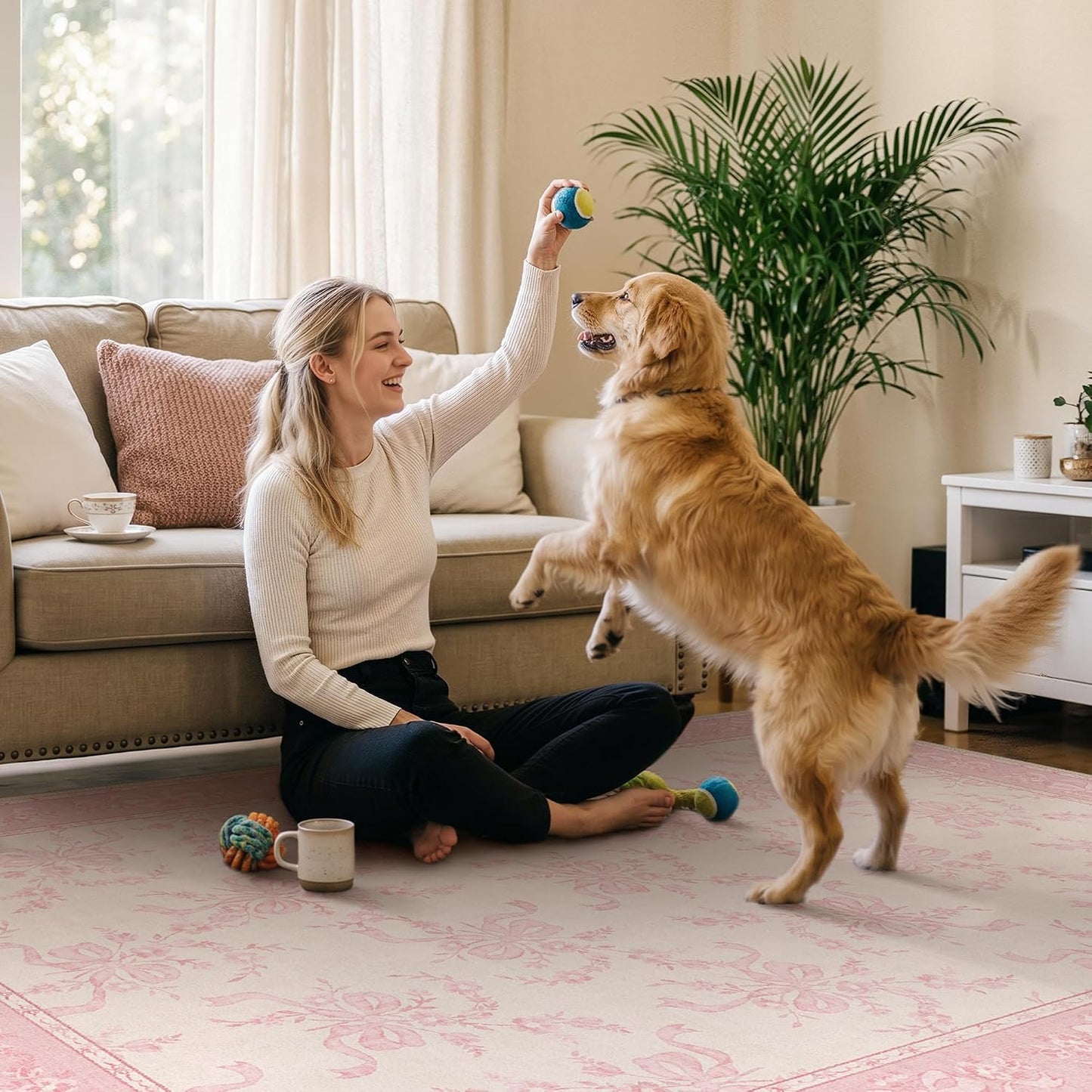 5X7 Washable Area Rugs, Floral Non Slip for Living Room | Soft Low Pile Farmhouse Flower Rug for Bedroom, Botanical Rug for High Traffic Areas, Pet-Friendly, Dusty Pink
