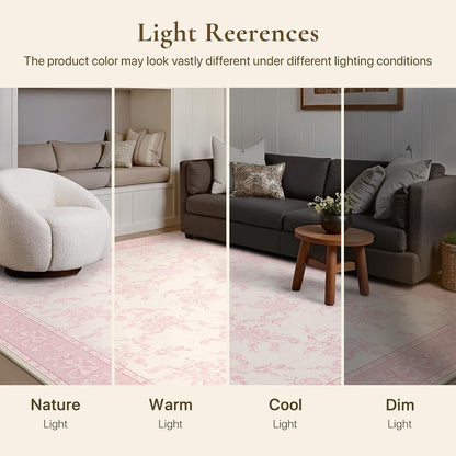 5X7 Washable Area Rugs, Floral Non Slip for Living Room | Soft Low Pile Farmhouse Flower Rug for Bedroom, Botanical Rug for High Traffic Areas, Pet-Friendly, Dusty Pink