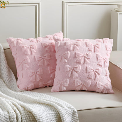 Bow Pillow Covers Set of 2 Preppy Room Decor, 18"x18", Pink